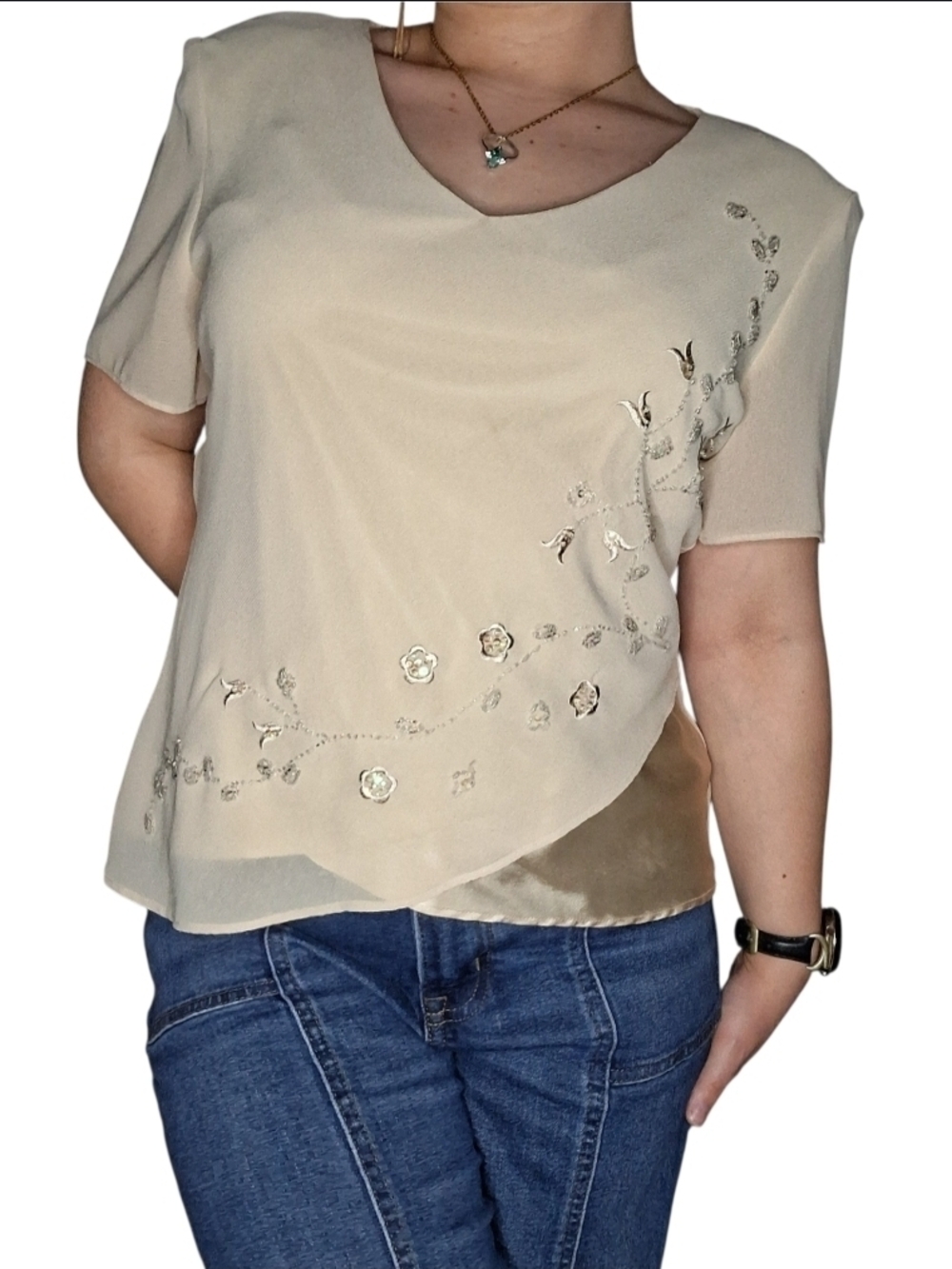 Studio 1 Tan Beaded Floral Blouse | Flowy Layered Short Sleeve Top | Lightweight